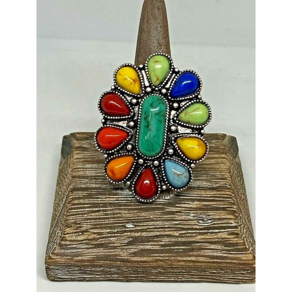 Western Flower Turquoise Multi Color Silver ring - Picture 9 of 11